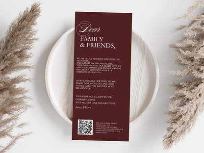 Modern Wedding Menu & Thank You Card Template | Editable Canva Design | Elegant Burgundy Reception Set | Minimal Wedding Stationery. WI187