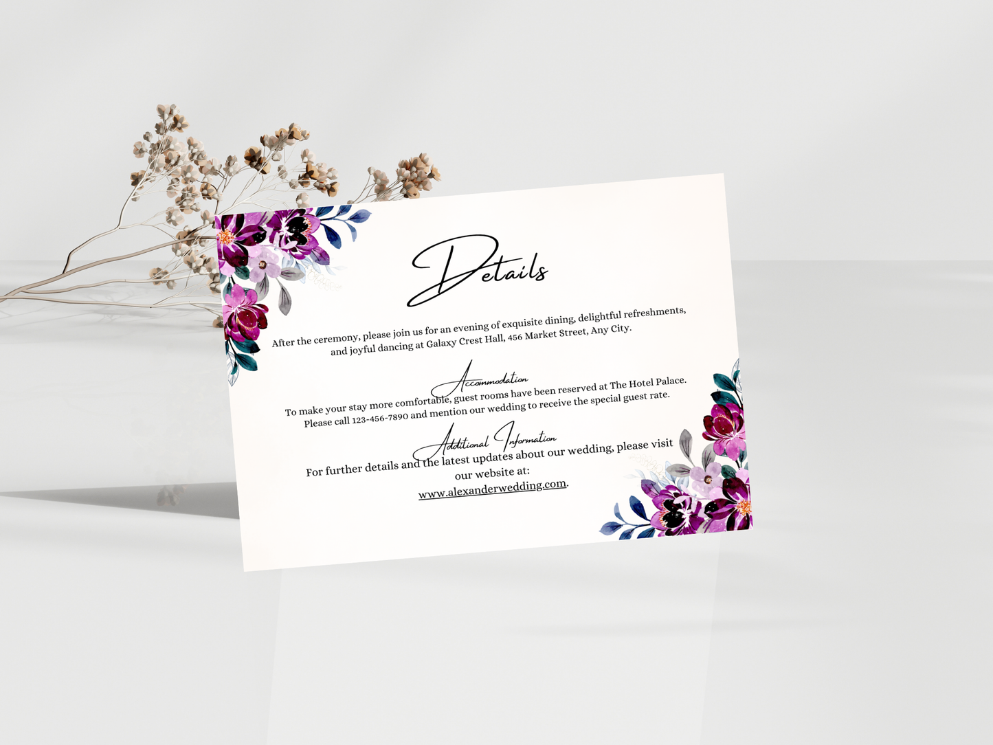 Plum Purple Floral Wedding Invitation Suite,  RSVP, Details, Menu & Thank You Card, Digital Download  MTC411