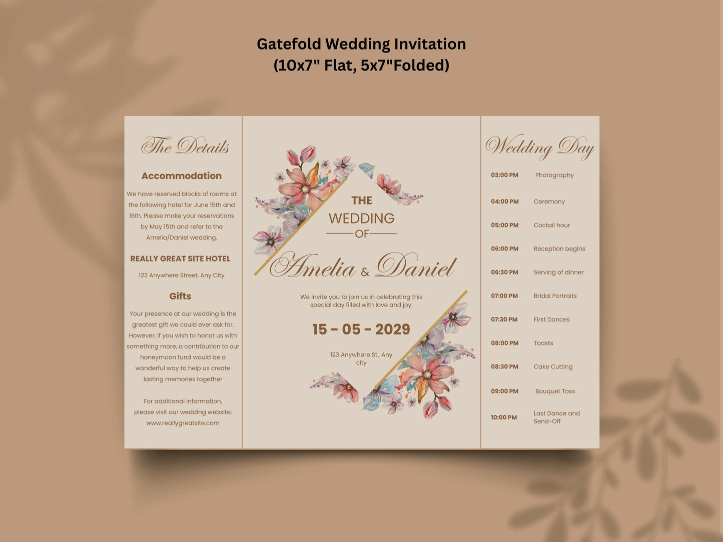 Elegant Floral Wedding Invitation Template | Printable Digital Invite | Modern Wedding Timeline & Details Card. WI167