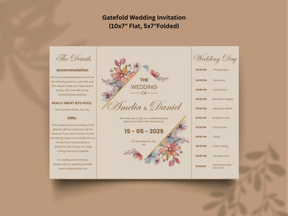 Elegant Floral Wedding Invitation Template | Printable Digital Invite | Modern Wedding Timeline & Details Card. WI167