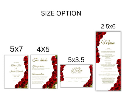 Red Rose Wedding Invitation set, Red Rose RSVP, Dark Red floral, Elegant Red Rose wedding Invitation, Details Editable, Menu Card, WT38