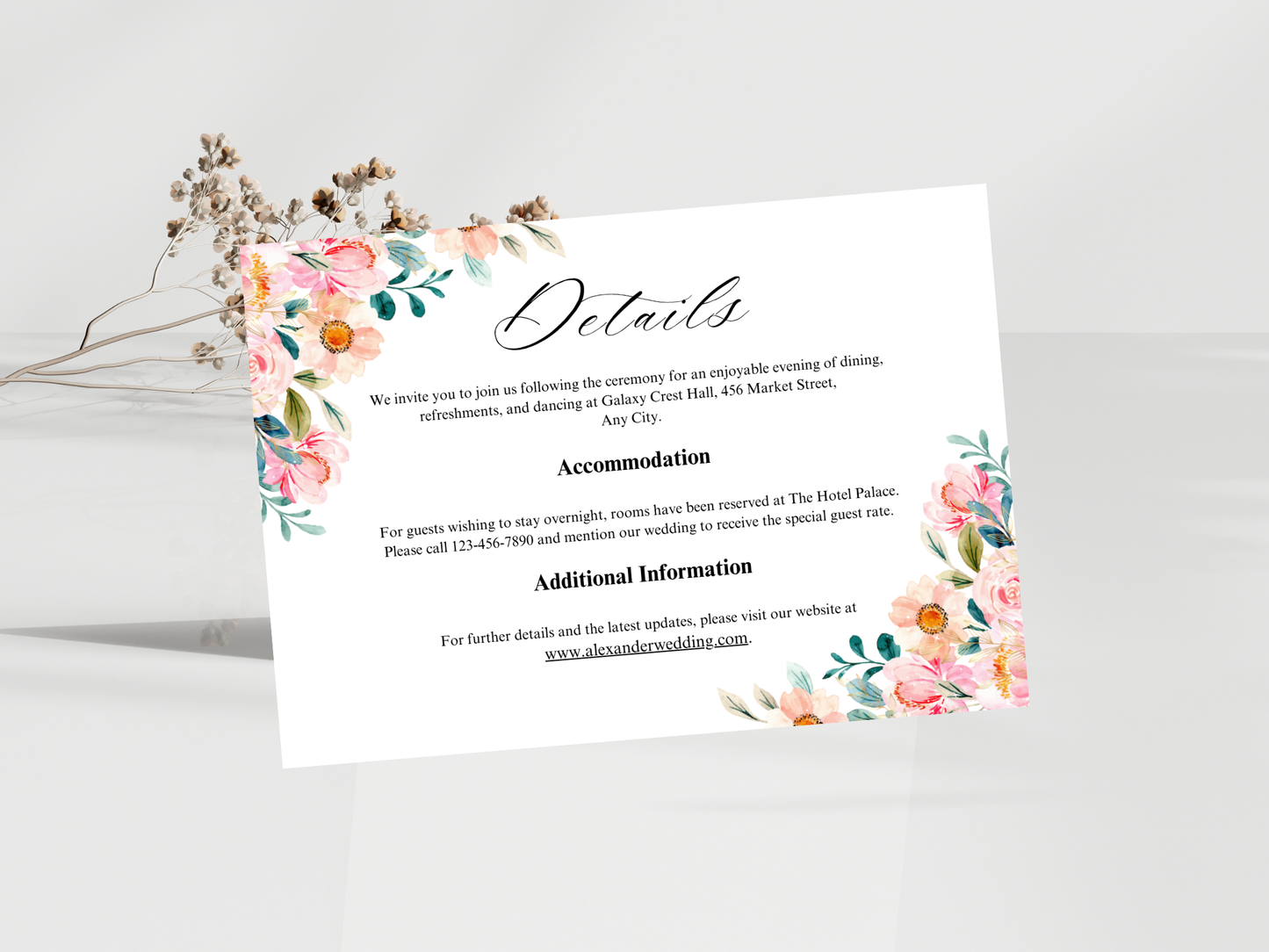 Wedding Invitation, Floral Menu, RSVP, Details Card, Bottle label MTC382