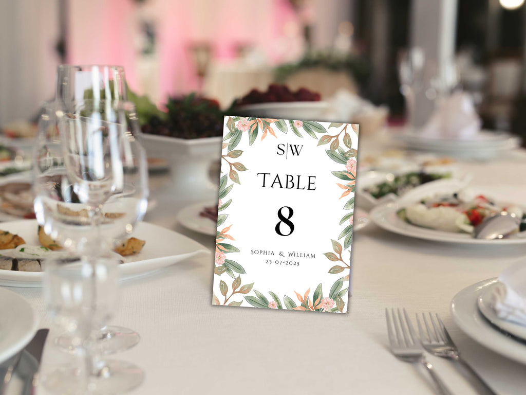 Wedding Table Numbers Template, Wedding Table Numbers, Pink Flower, Floral Wreath, Printable Table Numbers, Wedding Seating Chart. TS2