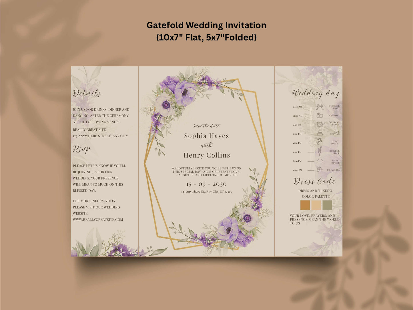 Elegant Purple Floral Wedding Invitation Template | Editable Printable Invite | Save the Date Card | Modern Romantic Wedding. WI168