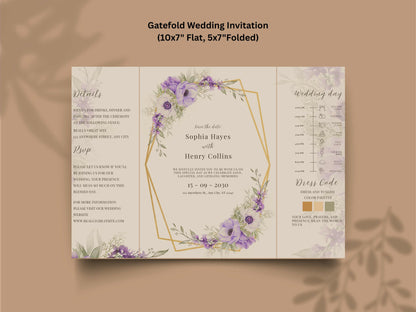 Elegant Purple Floral Wedding Invitation Template | Editable Printable Invite | Save the Date Card | Modern Romantic Wedding. WI168