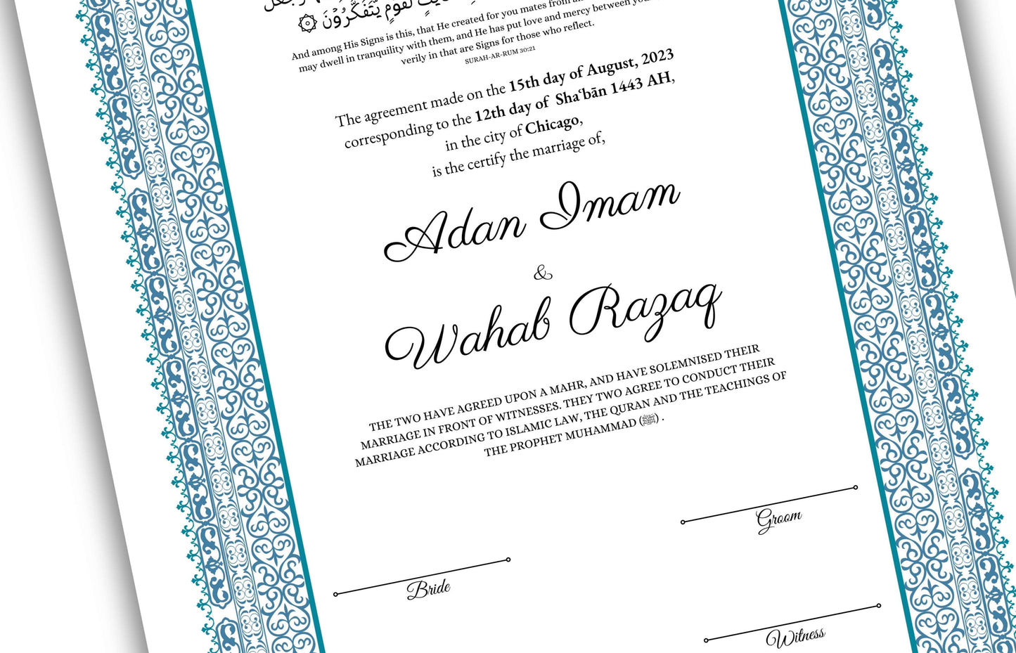 Luxury Nikkah Certificate, A4/A3 Islamic Wedding Contract, Nikkah Nama, Muslim Marriage Certificate, Personalised Names, Quran Verse. 182