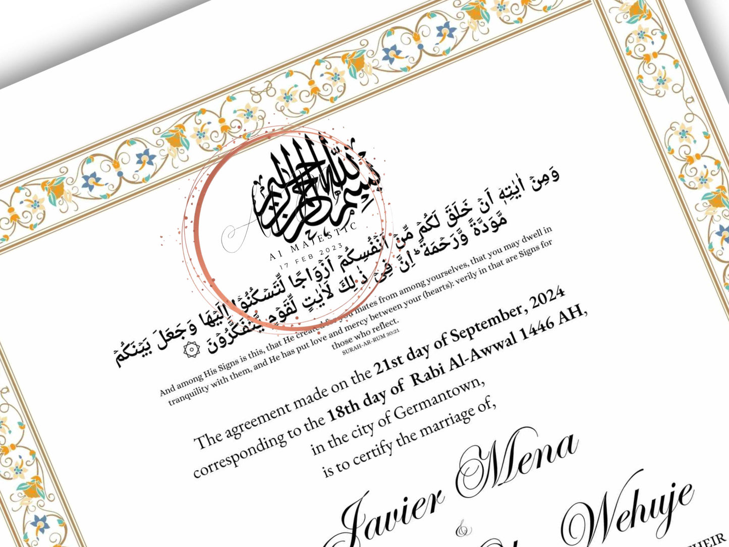 Luxury Nikkah Certificate, Premium A4 Islamic Wedding Contract, Nikkah Nama, Muslim Marriage Certificate, Personalised Names, A4, A3. NN274