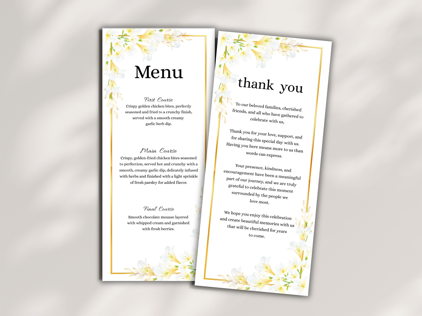 Wedding Thank you Card, Menu Card, Table Card. WI372