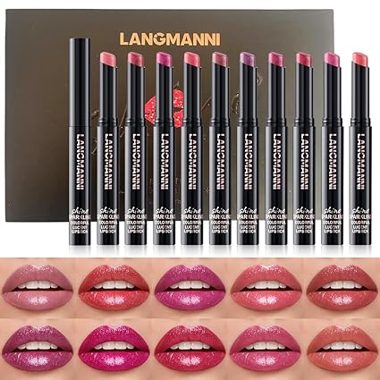Jolilab 10 Colors Shimmer Lipstick Set, Fine Subtle Glitter, Long-Wearing & Moisturizing, Assorted Daily Wear Shades, Great Gift for Makeup Lovers（Shiny SetA