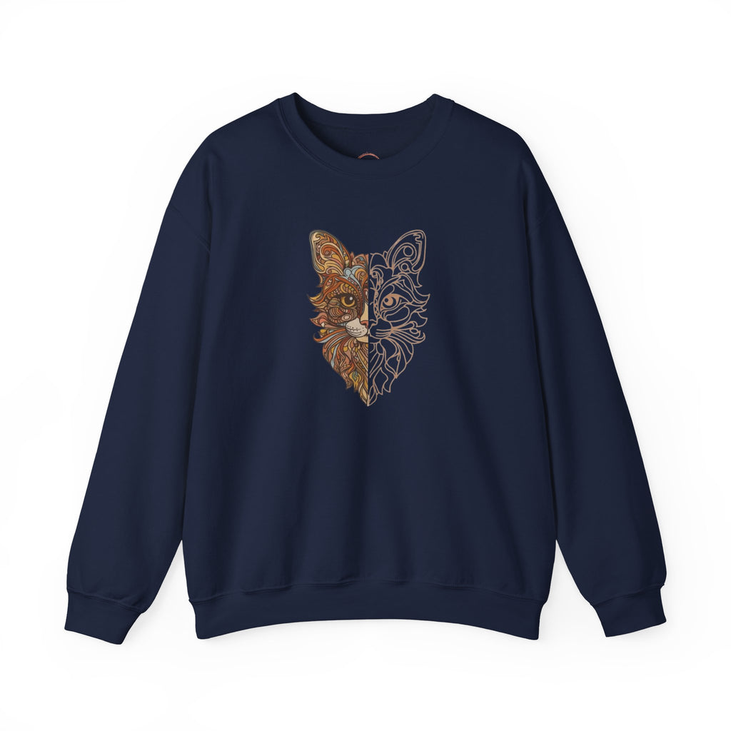 Cat Face Split Crewneck Sweatshirt – Half Realistic, Half Line Art Cat Design