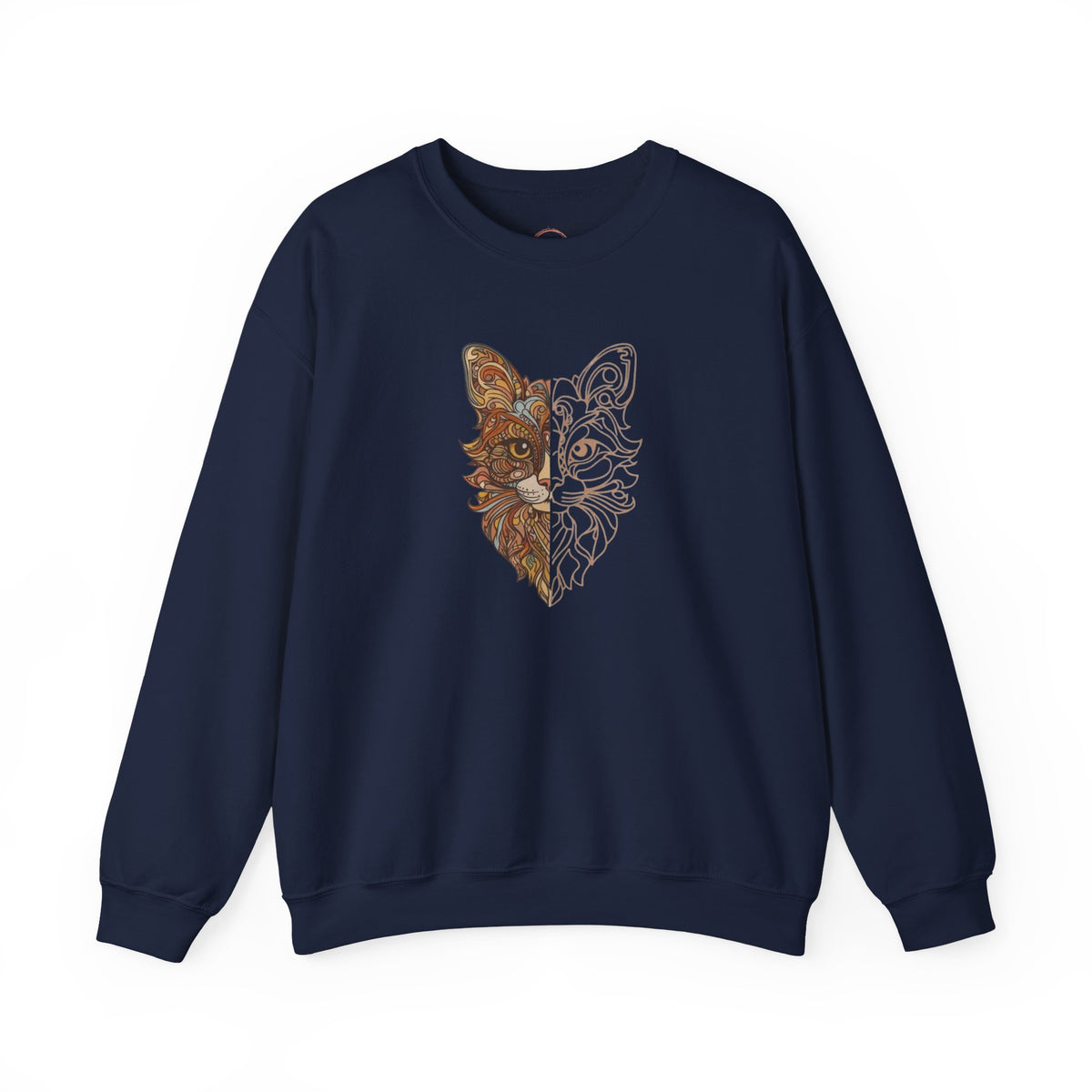 Cat Face Split Crewneck Sweatshirt – Half Realistic, Half Line Art Cat Design
