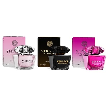 Versace Perfume for Women Set of 3 Mini, Bright Crystal, Crystal Noir, Bright Crystal Absolu, Perfume for Women Fragrance Sampler Set Designer Womens Samples (3 Count, 0.17 oz)