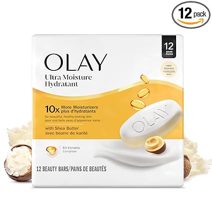 Olay Beauty Bar, Ultra Moisture,10x More Moisturizers, Nourishing Conditioners, Smooth & Gentle on Skin, Vitamin B3 Complex, For All Skin Types, Shea Butter Scent, 3.17 oz, (Pack of 12)