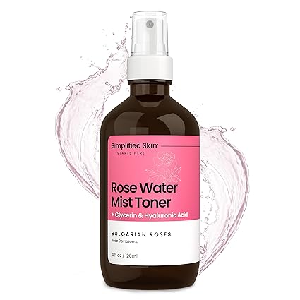 Rosewater and Glycerin Spray for Face & Hair – Made with Organic Rose Water & Hyaluronic Acid – Hydrating Facial Mist Toner to Soothe, Soften, & Prep Skin – Alcohol-Free, 4 Fl Oz