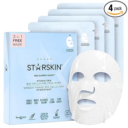 STARSKIN Red Carpet Ready Bio-Cellulose Face Mask – 4 Pack, Hydrating Face Mask for all Skin Types, Instant Hydration & Glass-Skin Glow, Revitalizing and Moisturizing, Korean Skincare