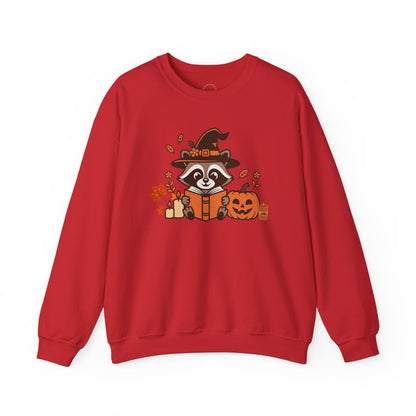 Halloween Raccoon Witch Sweatshirt – Cute Pumpkin & Spooky Book Crewneck