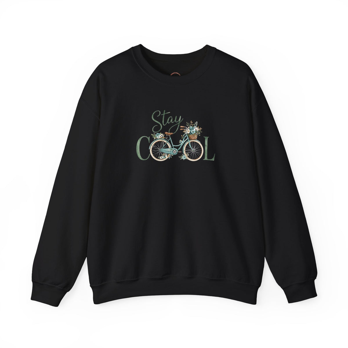 Black sweatshirt with graphic design and text on a white background
