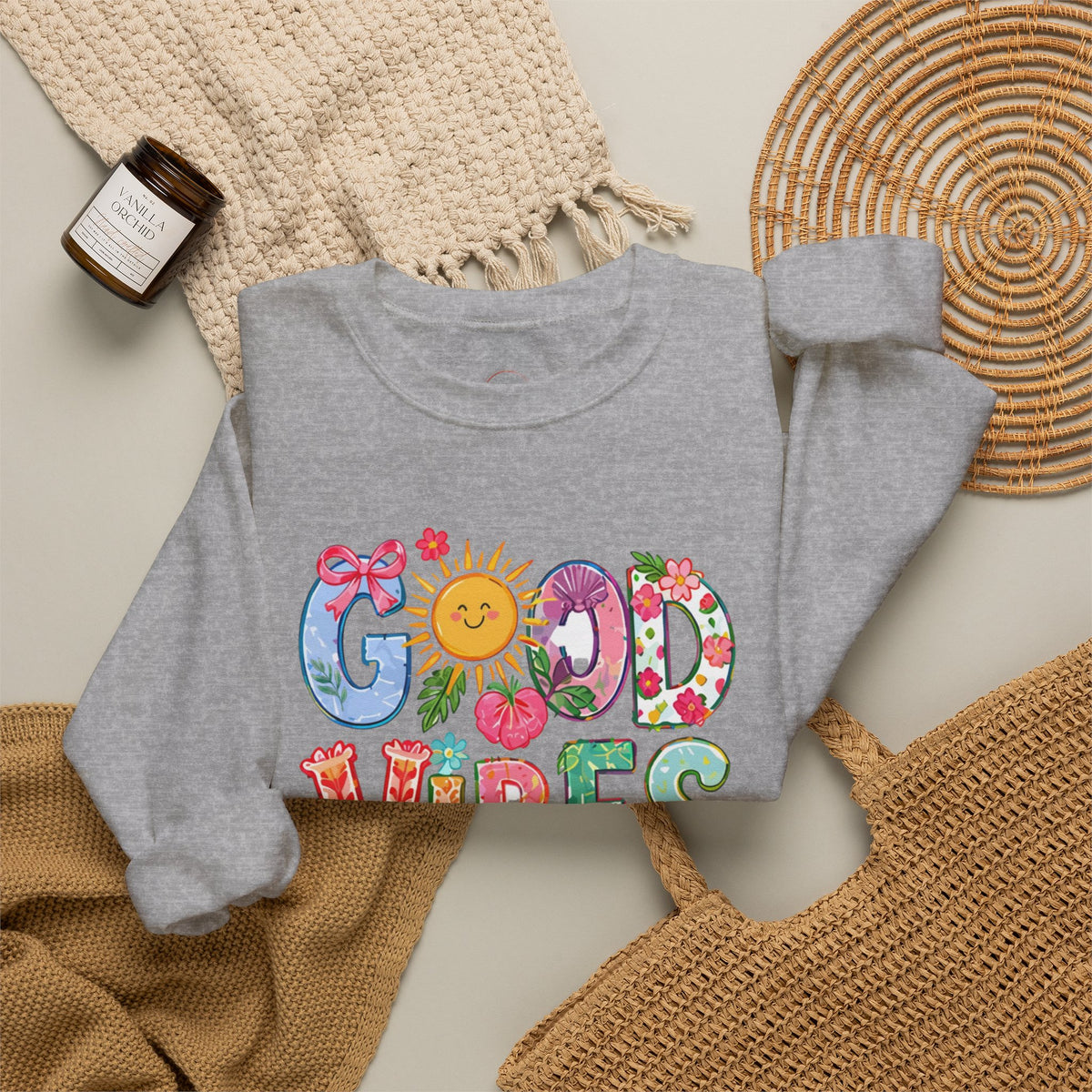 Good Vibes Floral Sweatshirt - Colorful Retro Sun Graphic Crewneck
