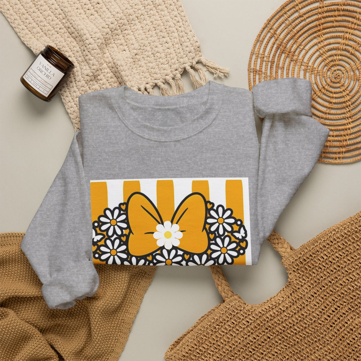 Floral Mouse Head Sweatshirt — Yellow Daisy Bow Crewneck