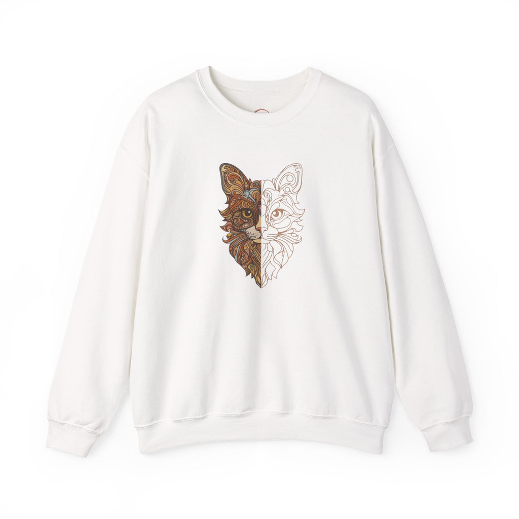 Cat Face Split Crewneck Sweatshirt – Half Realistic, Half Line Art Cat Design