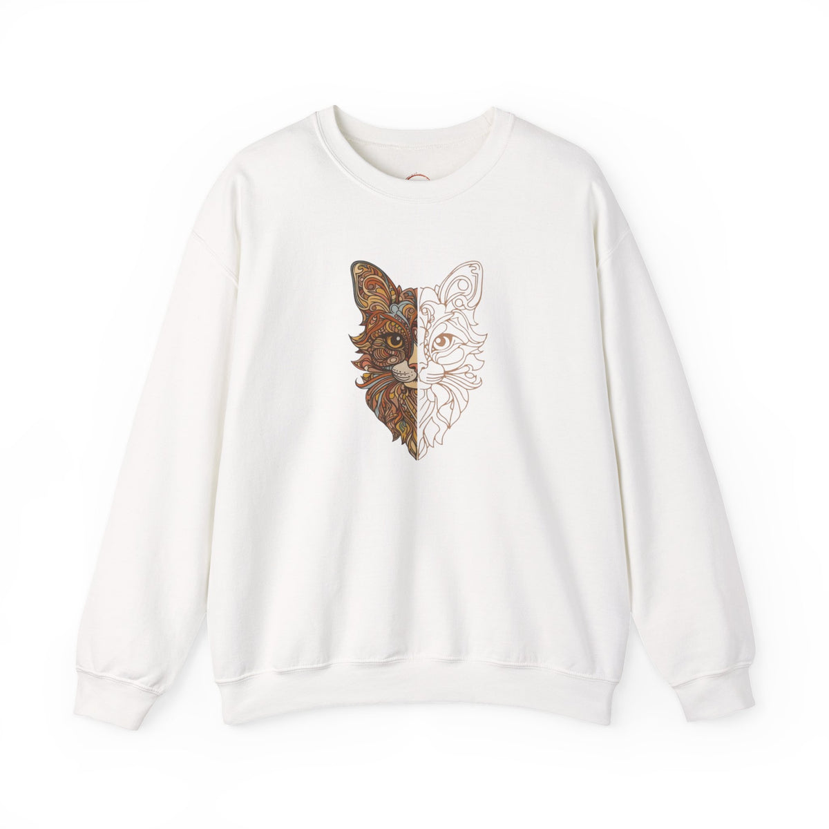 Cat Face Split Crewneck Sweatshirt – Half Realistic, Half Line Art Cat Design