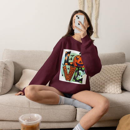 Halloween LOVE Crewneck Sweatshirt — Jack-O'-Lantern & Leopard Print Graphic