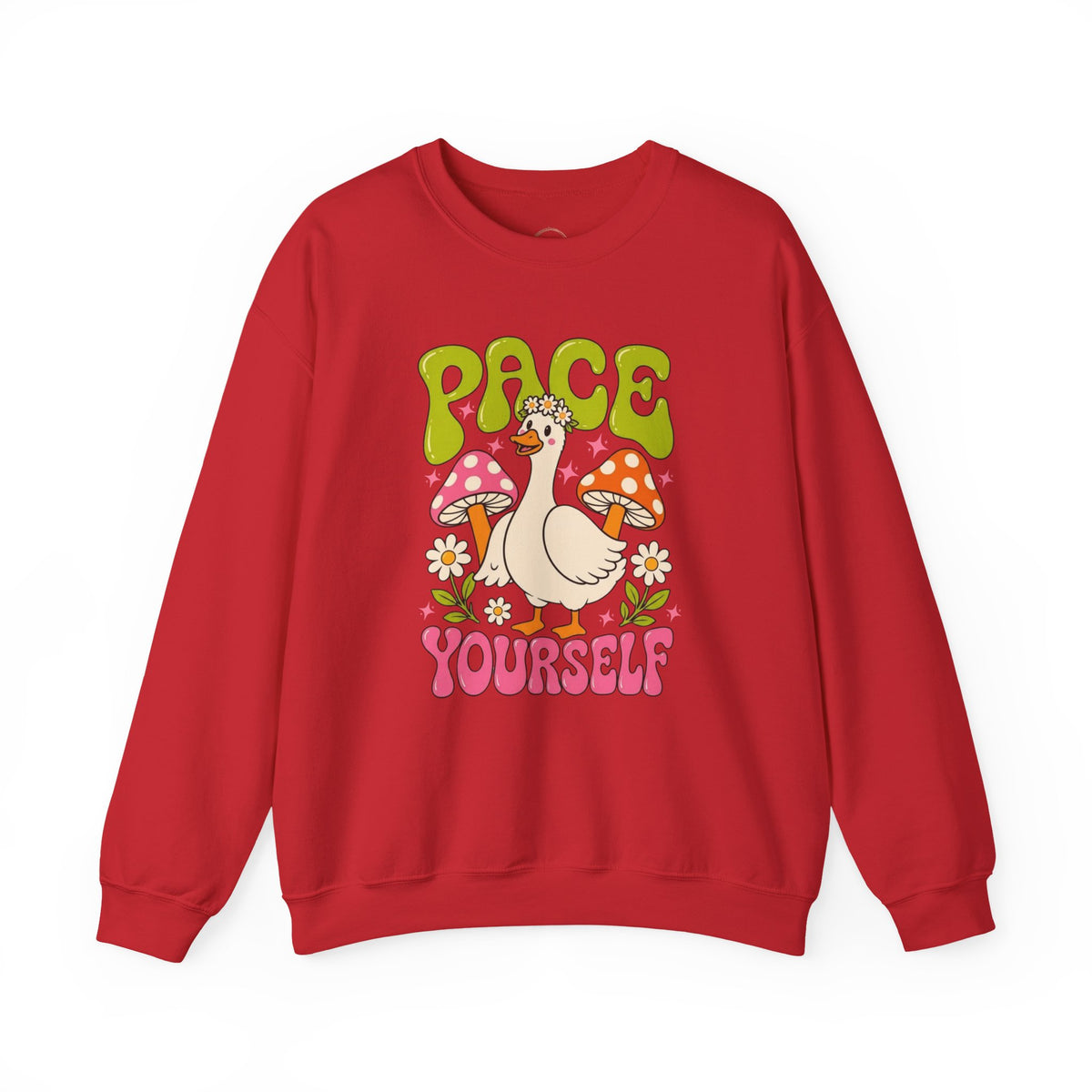 Peace Yourself Crewneck Sweatshirt — Retro Duck & Mushrooms Graphic