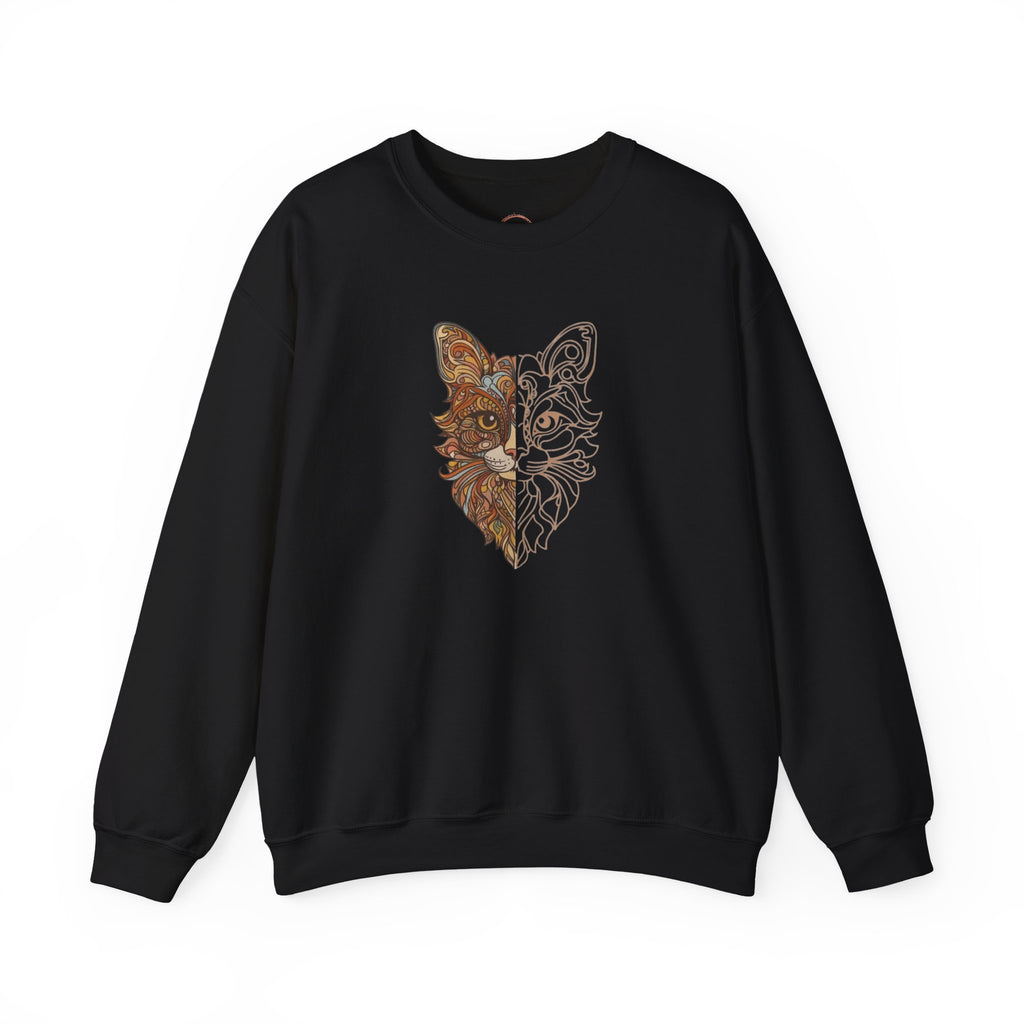 Cat Face Split Crewneck Sweatshirt – Half Realistic, Half Line Art Cat Design