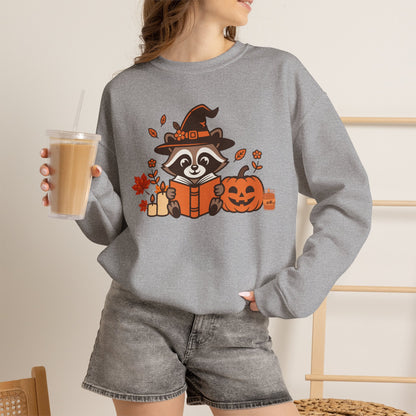 Halloween Raccoon Witch Sweatshirt – Cute Pumpkin & Spooky Book Crewneck