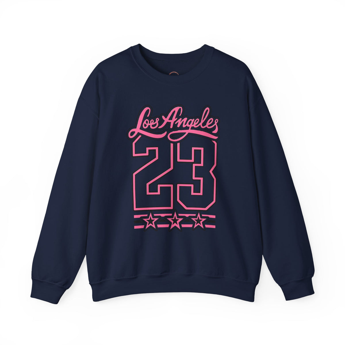 A navy blue crewneck sweatshirt with a pink graphic on the front featuring the text 'Los Angeles 23' and stars, displayed on a clean white background.