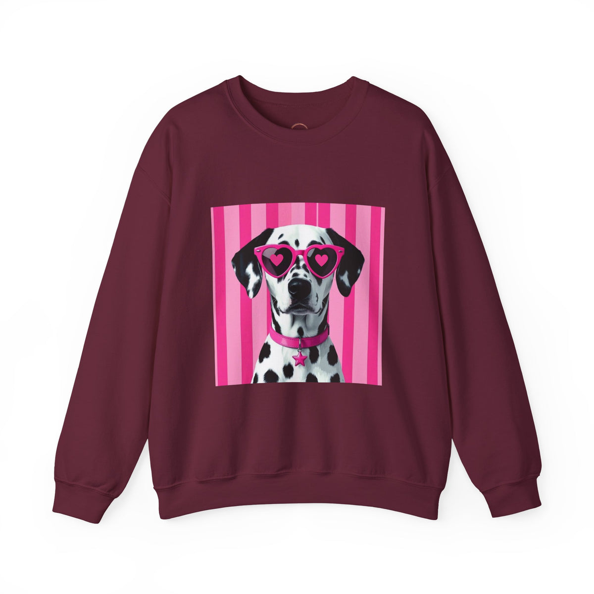 A crewneck sweatshirt in maroon with a graphic print of a Dalmatian wearing pink heart-shaped sunglasses against a pink striped background.