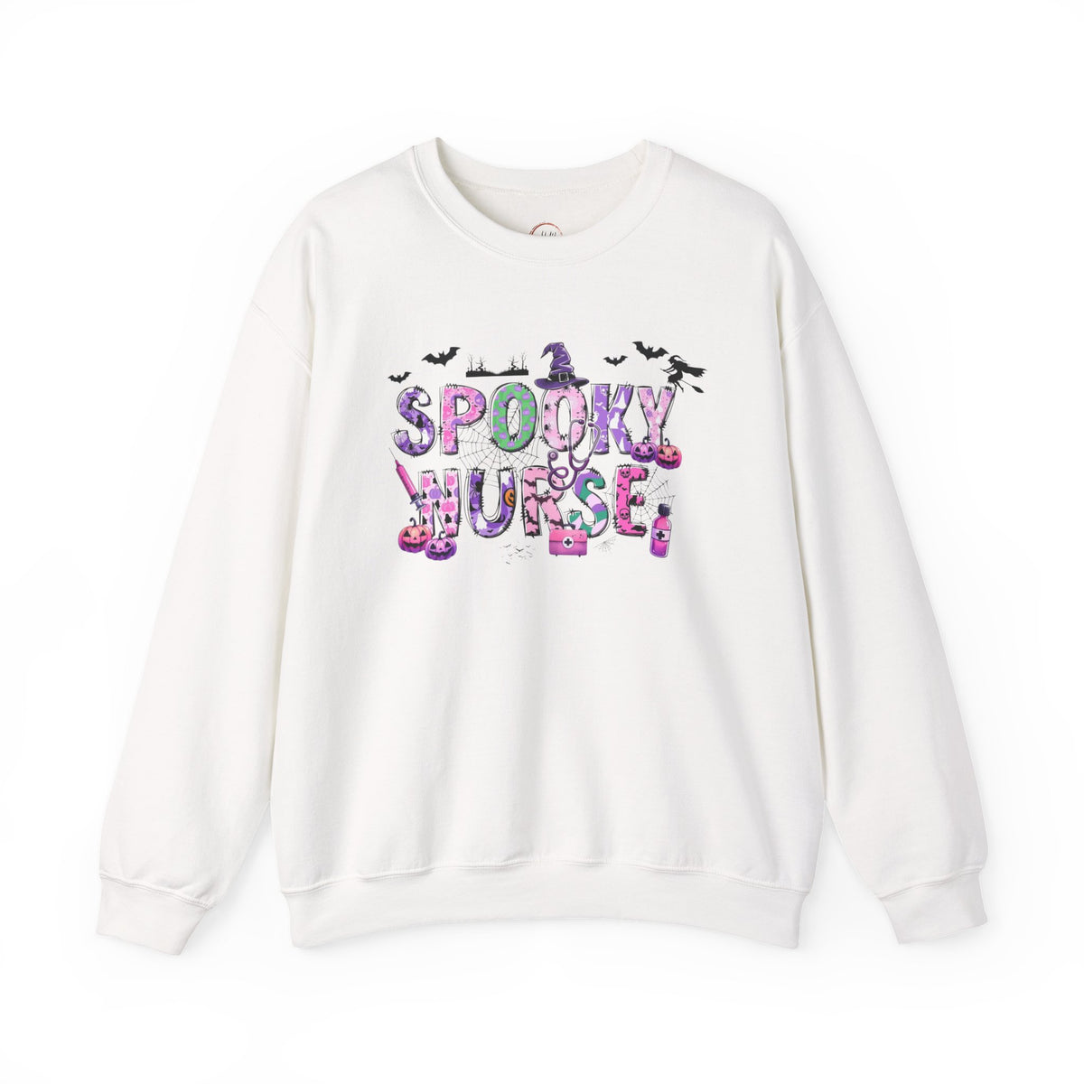 An off-white crewneck sweatshirt featuring a colorful 'Spooky Nurse' graphic on the front with a nurse hat, bats, and boots.