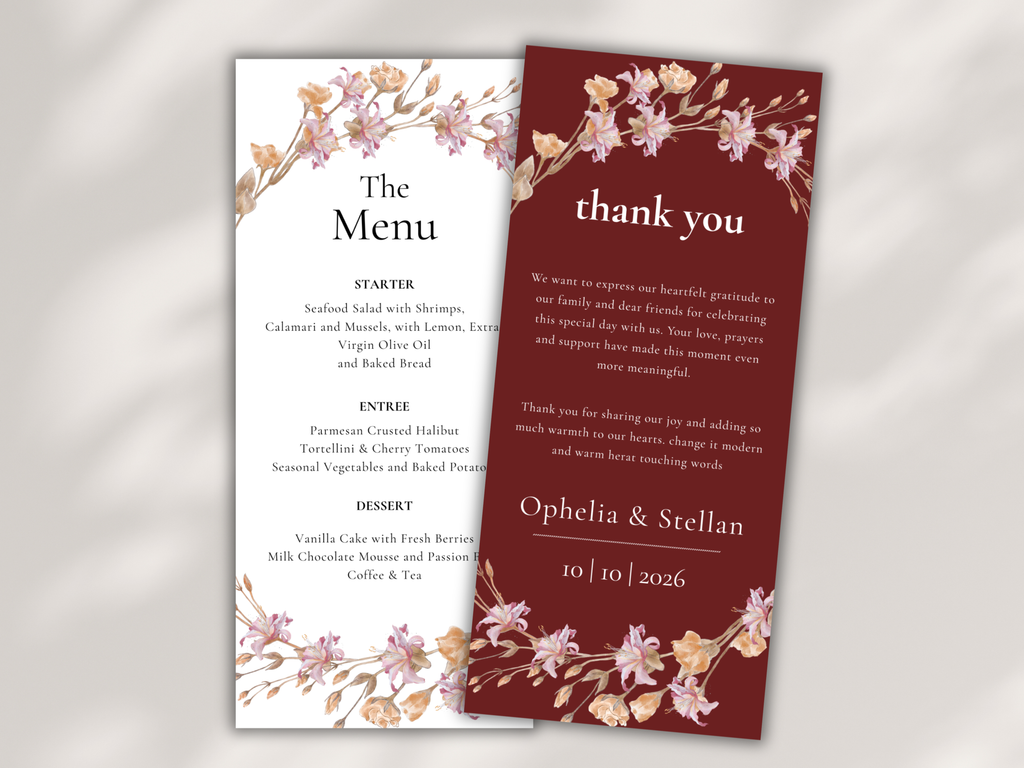 Elegant Wedding Stationery Bundle | Floral Menu, Thank You & Place Card | Editable Templates for Canva | Digital Download. WI190