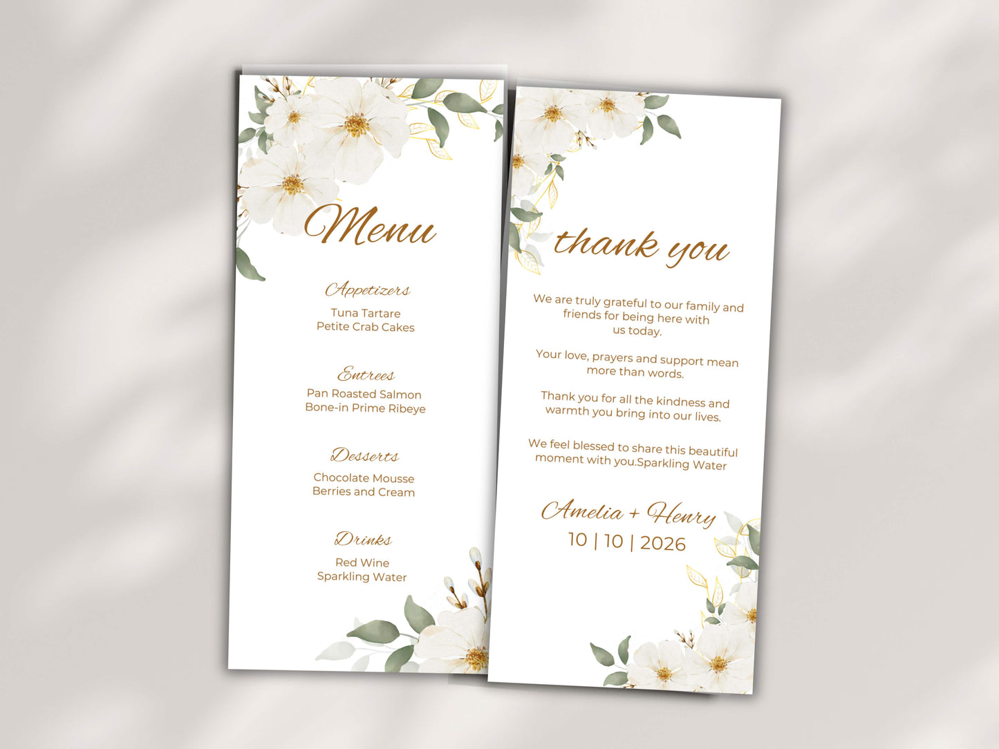 Elegant Floral Wedding Menu & Thank You Card Template | Printable Wedding Table Set | Minimalist White Flower Design.WI189