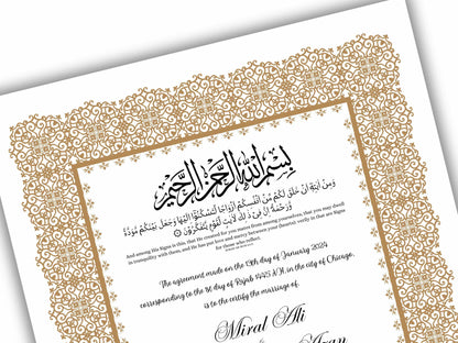 Luxury Nikkah Certificate, Premium A4/A3 Islamic Wedding Contract, Nikkah Nama, Muslim Marriage Certificate, Personalised Names, NN198