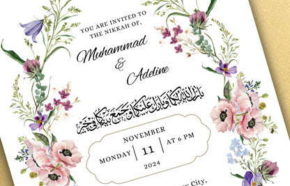 Nikkah Invitation Template, Spring Wedding Card, Floral Muslim Wedding Invite, Editable Nikkah Invitation Template, Nikkah Invitation. WT51