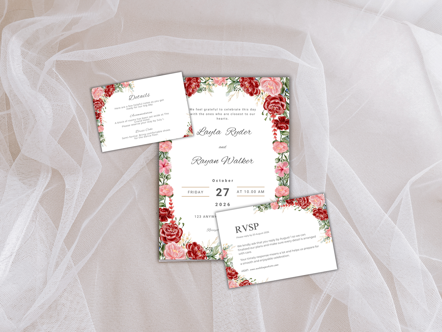 Wedding Invitation Set, RSVP, Dark Floral, Wedding Invitation, Details, Editable, Template, WI231