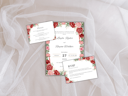 Wedding Invitation Set, RSVP, Dark Floral, Wedding Invitation, Details, Editable, Template, WI231