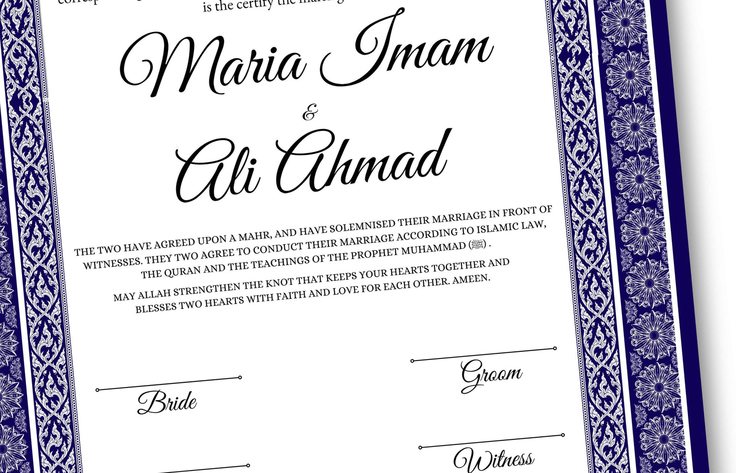 Luxury Nikkah certificate ,A3/a4 Nikkah Nama, Nikah , Islamic wedding contract, Muslim Marriage Certificate, Personalised Names. NN136