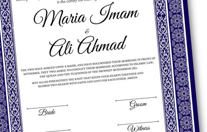 Luxury Nikkah certificate ,A3/a4 Nikkah Nama, Nikah , Islamic wedding contract, Muslim Marriage Certificate, Personalised Names. NN136