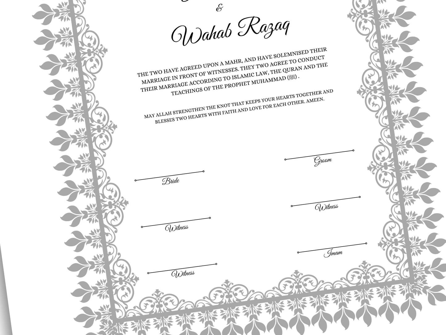 Personalised Nikkah Contract, Nikah Nama, Customised Muslim Marriage Certificate, Keepsake, Wedding Gift for Bride/Groom. 161