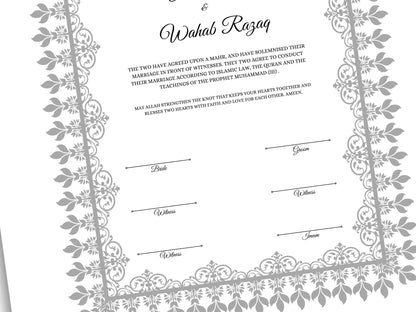 Personalised Nikkah Contract, Nikah Nama, Customised Muslim Marriage Certificate, Keepsake, Wedding Gift for Bride/Groom. 161