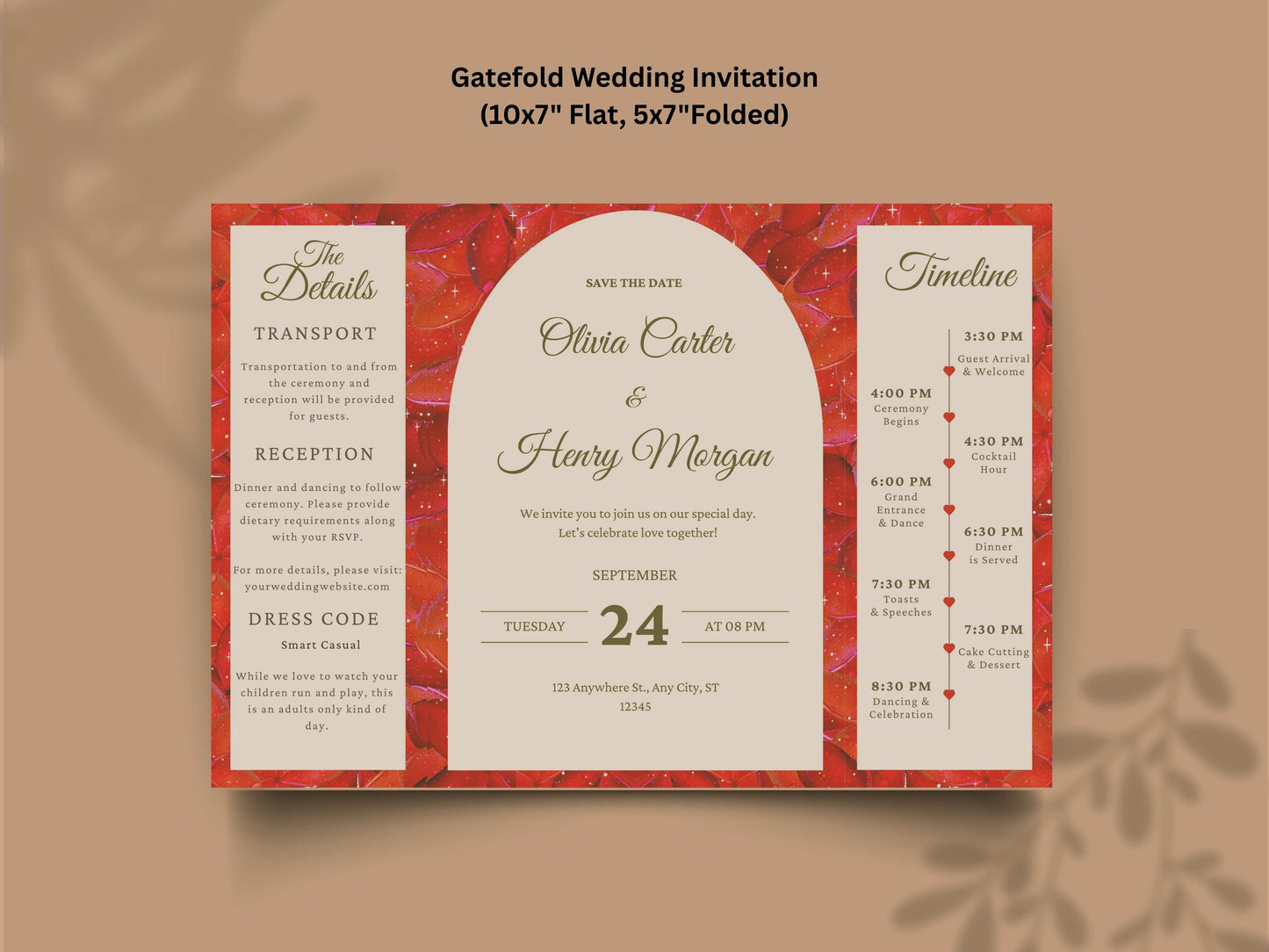 Red Rose Gatefold Wedding Invitation Template | Save The Date | Timeline & Details Card | Printable Wedding Invite | Editable PDF. WI153