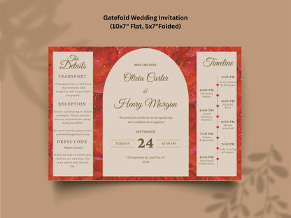 Red Rose Gatefold Wedding Invitation Template | Save The Date | Timeline & Details Card | Printable Wedding Invite | Editable PDF. WI153