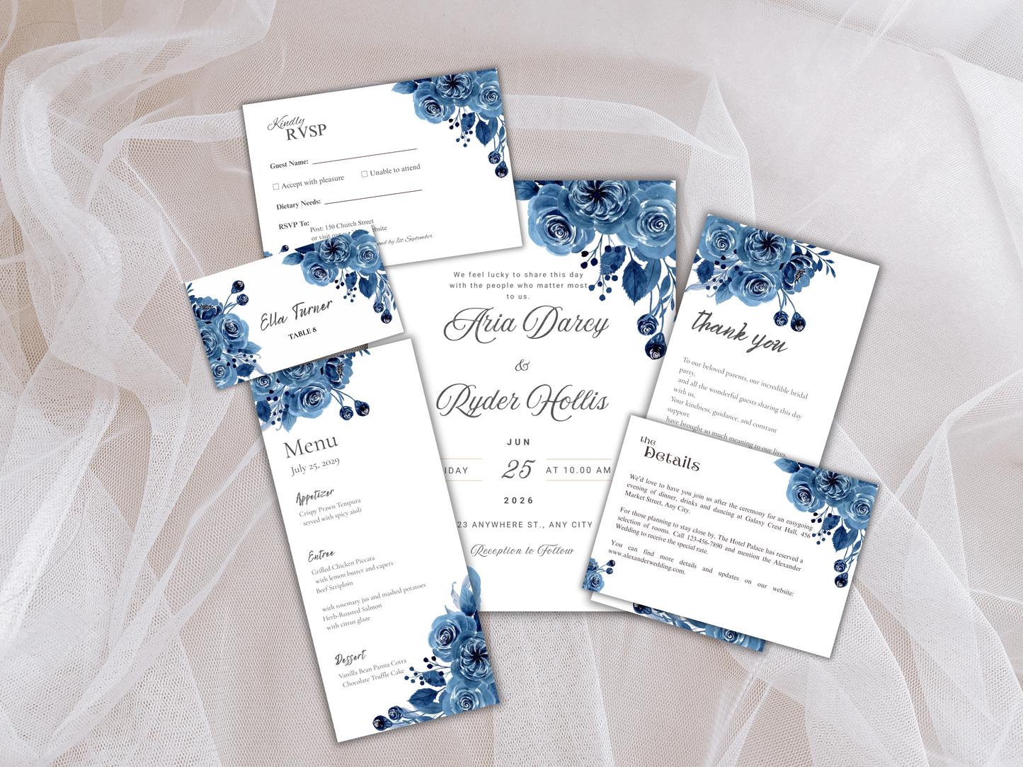 Wedding Invitation Bundle, RSVP, Thank You Card, Table Card, Menu Card, Reception Card, Details Card. WI228