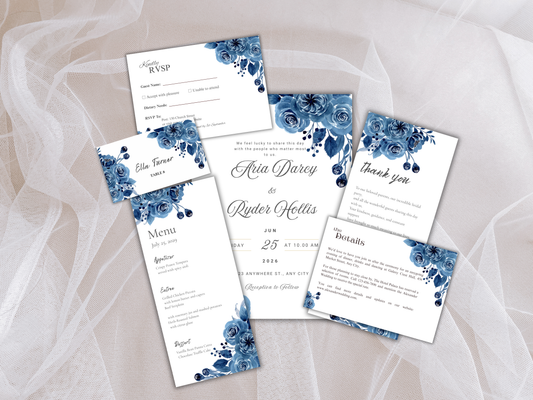 Wedding Invitation Bundle, RSVP, Thank You Card, Table Card, Menu Card, Reception Card, Details Card. WI228