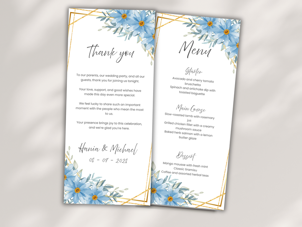 Floral Wedding Menu & Thank You Template | Editable Canva Place Card. WI209