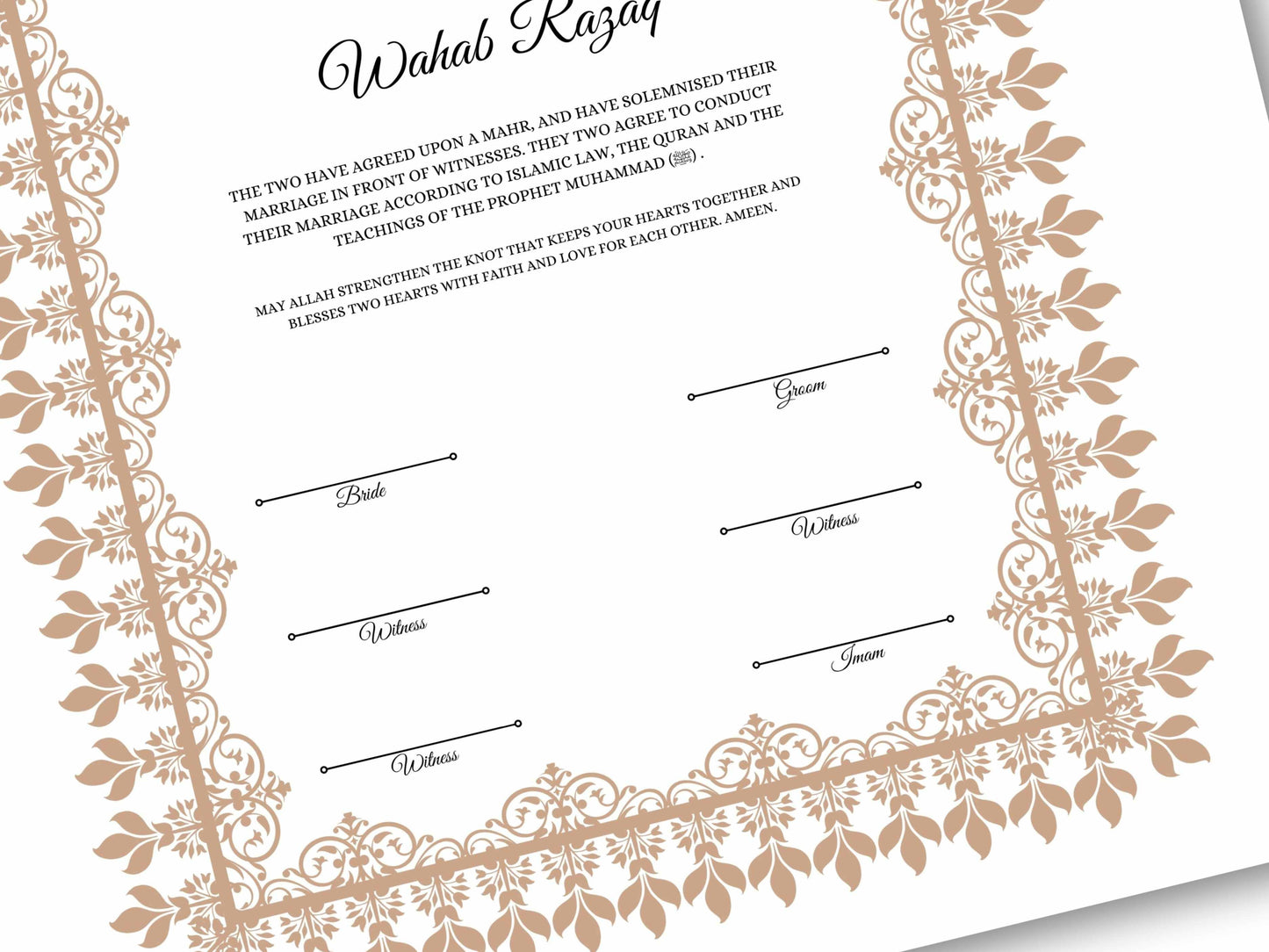 A4 / A3 Nikkah Contract Template, Islamic Wedding Certificate, Nikkahnama Digital Customized. NN160