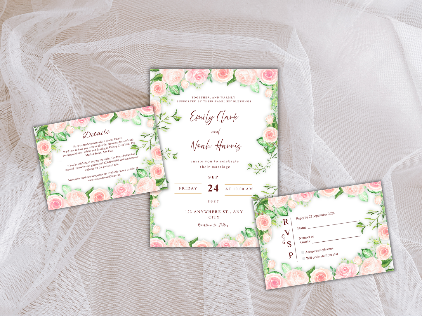 Wedding Invitation Set, RSVP, Wedding Invitation, Details, Editable, Template, WI261