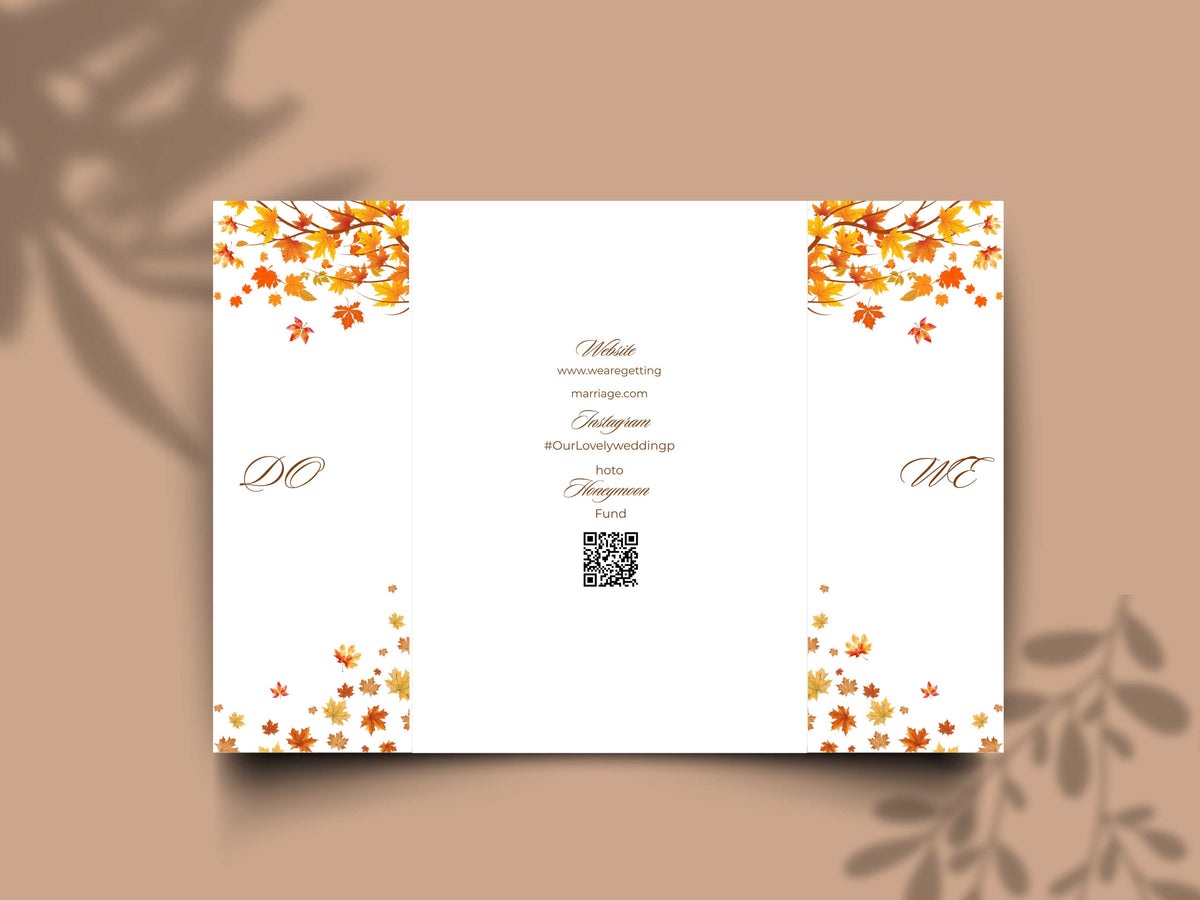 Autumn Wedding Card Template | Fall Leaves Wedding Details Card | Editable Timeline Program | Orange Wedding Invitation Printable. 174